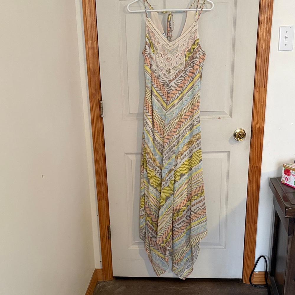 Maurices Asymmetrical Chevron Dress in Cream, Yellow, and Blue